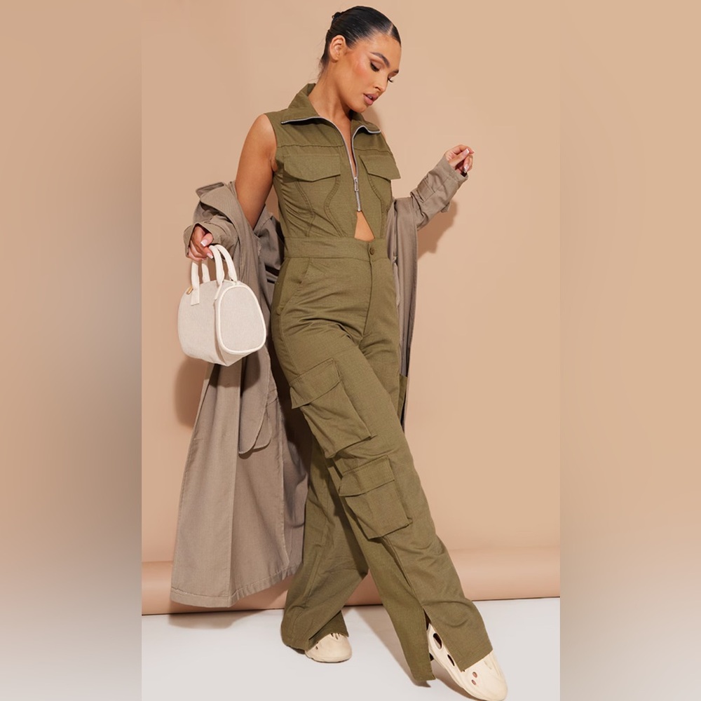 PrettyLittleThings High Neck Binding Detail Cut Out Cargo Jumpsuit Tan Size 2